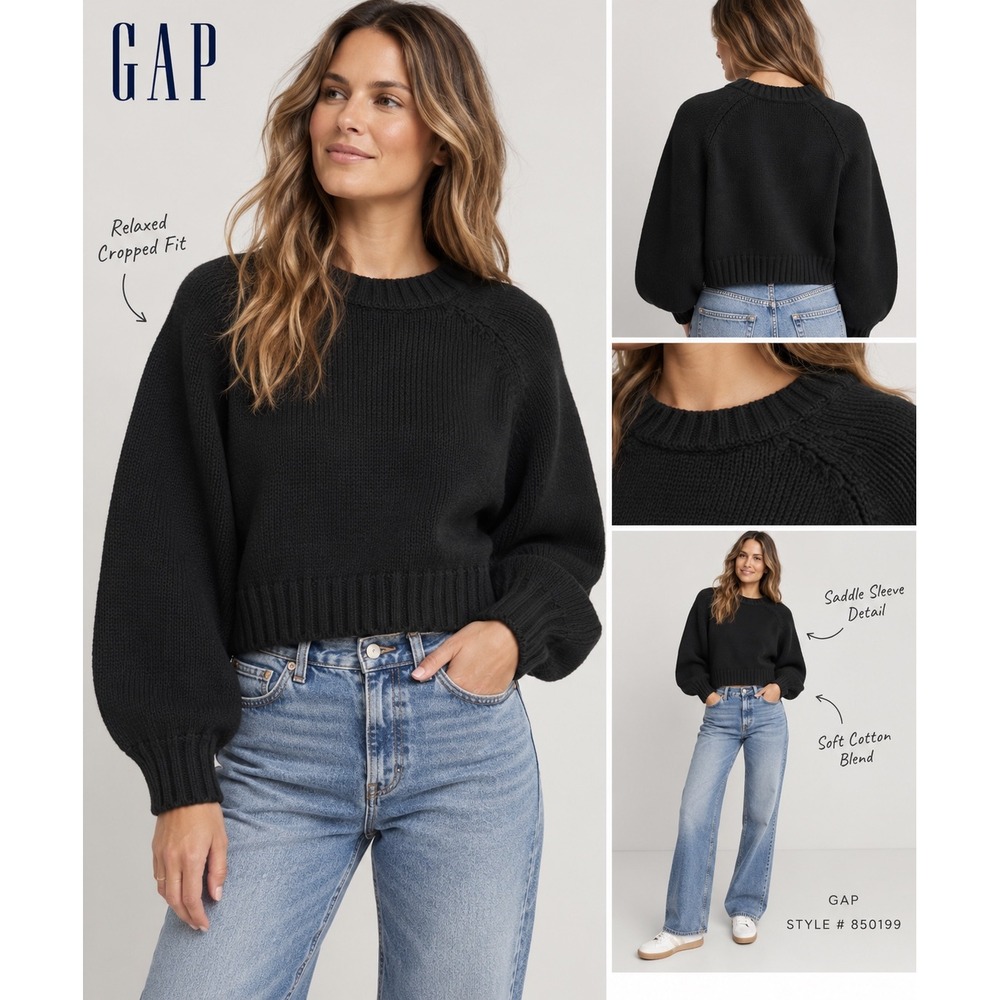 Gap Womens Relaxed Cropped Crewneck Sweater Black Cotton Wool Blend 850199 M